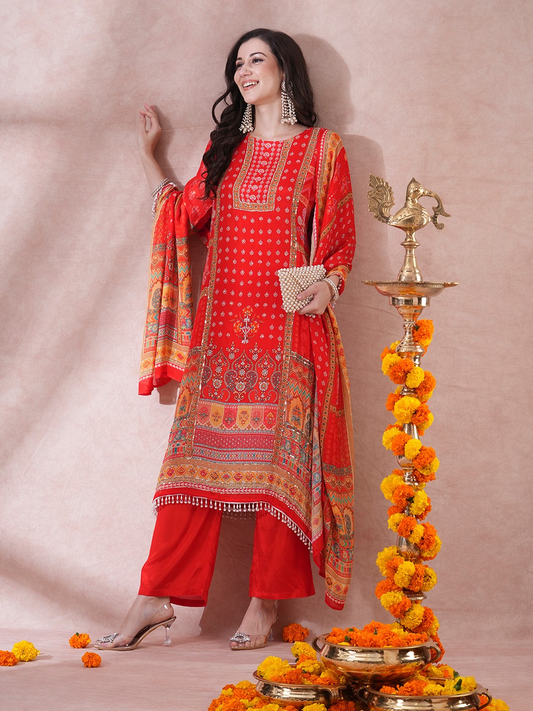 

FASHOR Ethnic Motifs Printed Asymmetric Chiffon A-Line Kurta with Palazzo & Dupatta, Red