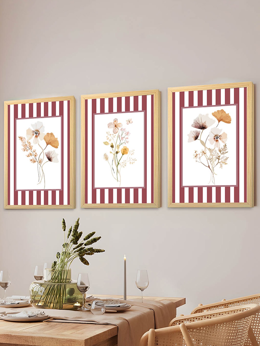 

Art Street Off White & Red 3 Pieces Floral Motif Painting Wall Art