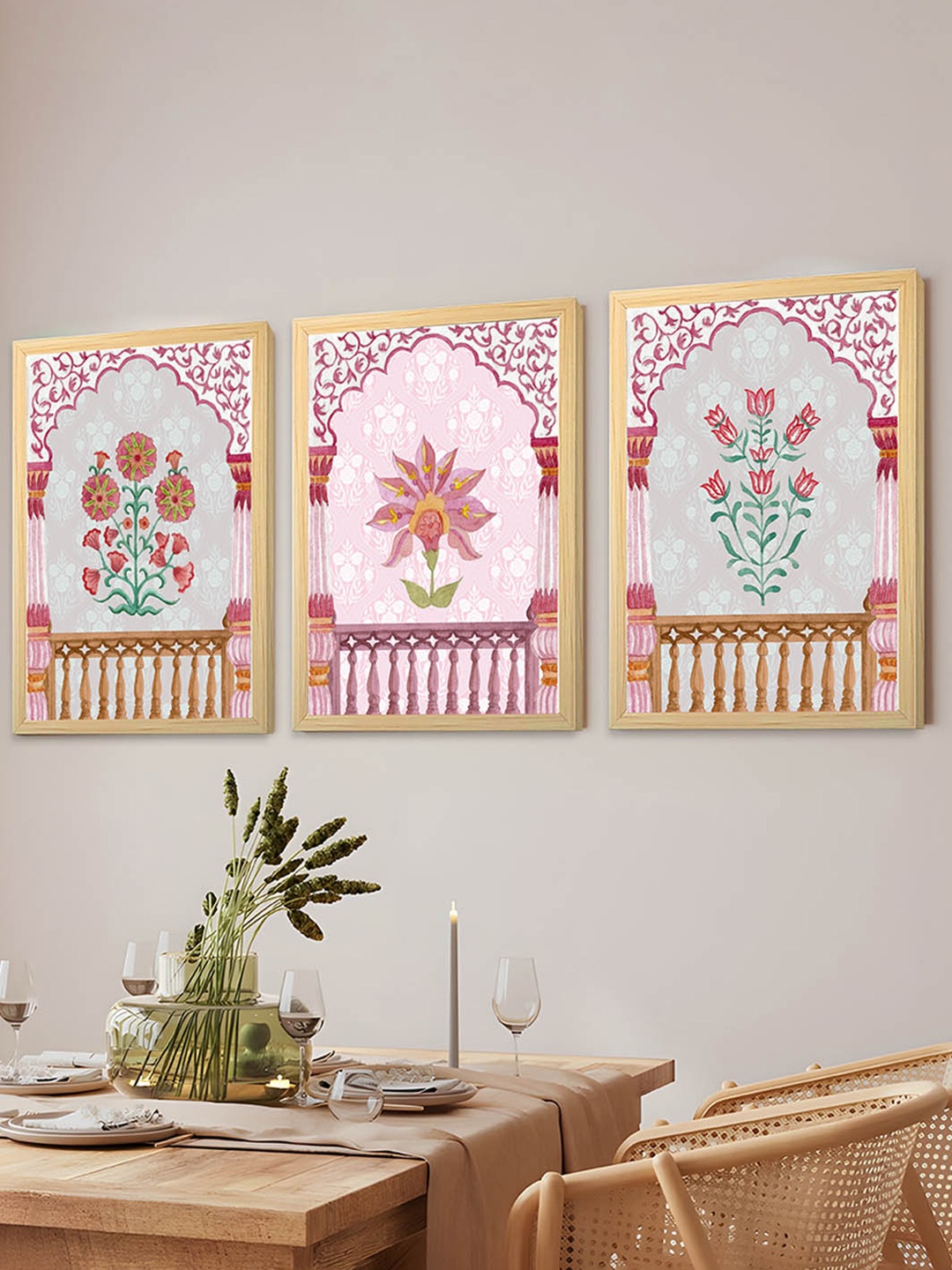 

Art Street Red & Green 3 Pieces Indian Lotus Floral Motif Painting Wall Art