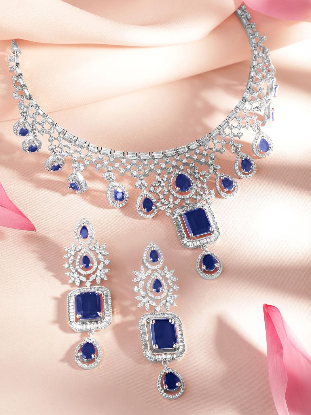 

Rubans Rhodium-Plated Blue Sapphire & White CubicZirconia Handcrafted Premium JewellerySet, Silver