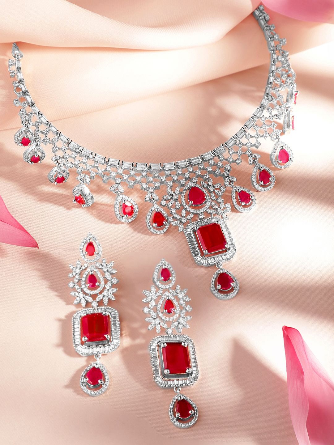 

Rubans Rhodium-Plated Ruby Pink & White Cubic Zirconia Handcrafted Premium Jewellery Set, Silver