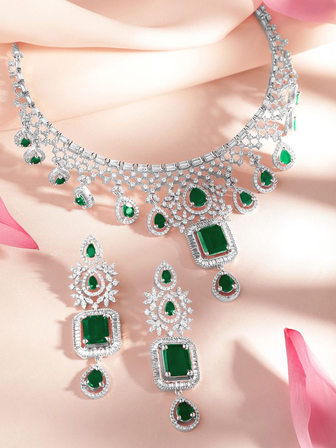 

Rubans Rhodium-Plated Emerald Green & Cubic Zirconia Handcrafted Premium Jewellery Set, Silver