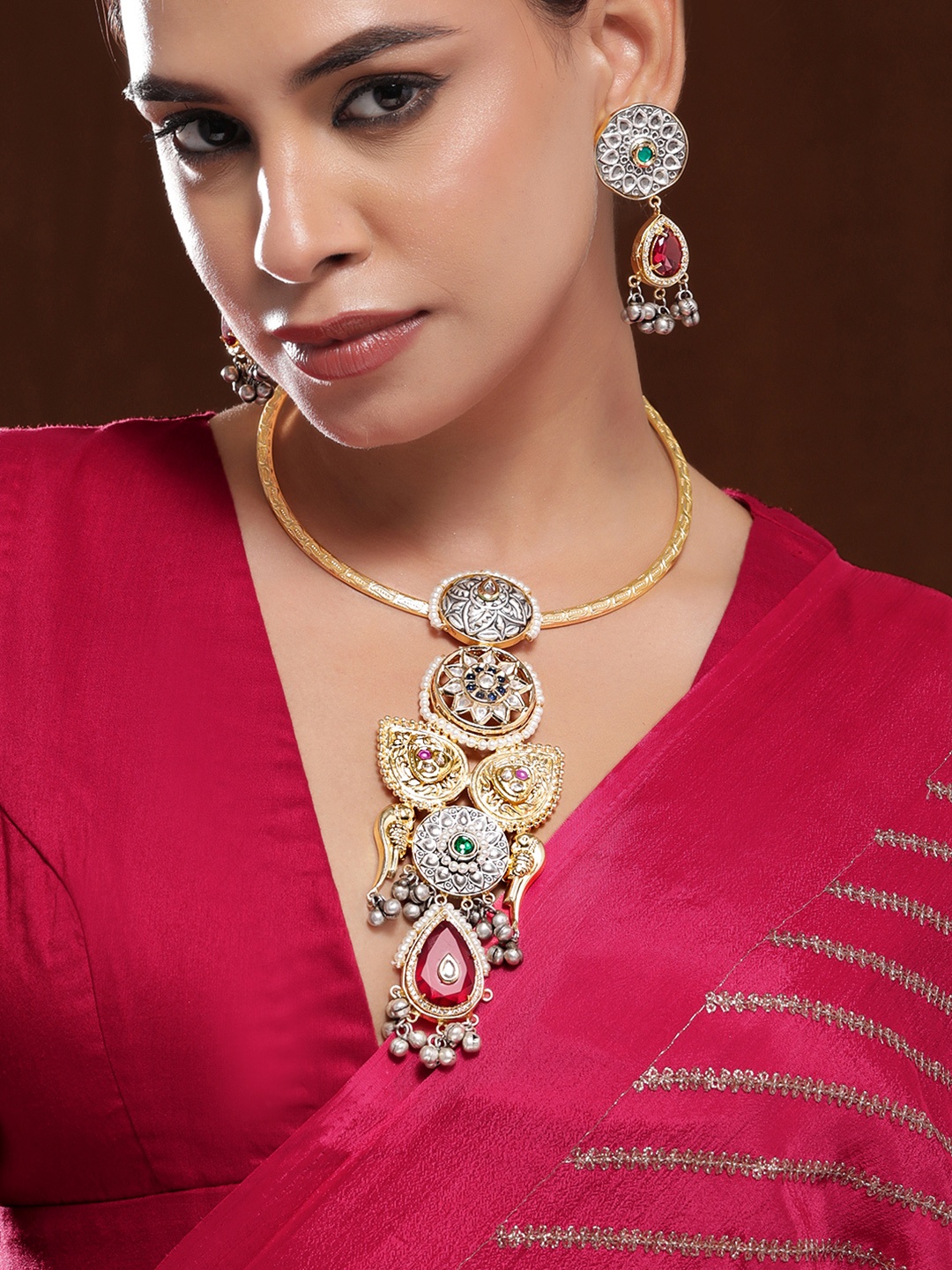 

Rubans 22K Gold-Plated Oxidised Statement Necklace Set with Ruby Red & Oxidise Silver Bead