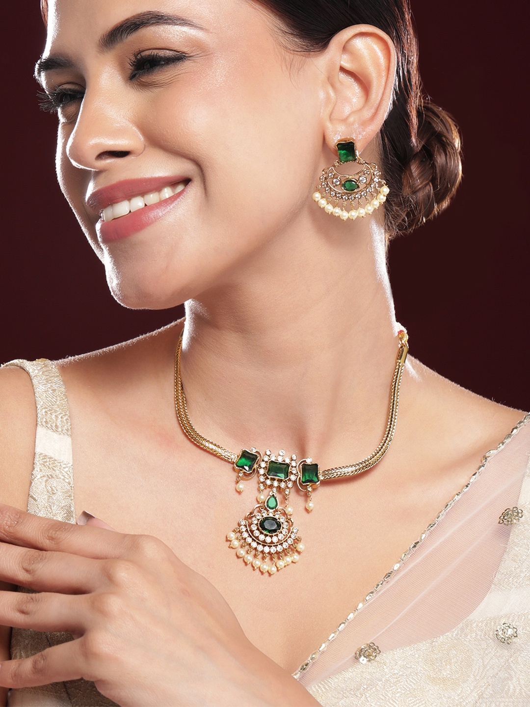 

Rubans 22K Gold-Plated Emerald Green & White Cubic Zirconia Jewellery Set with Pearl Drops