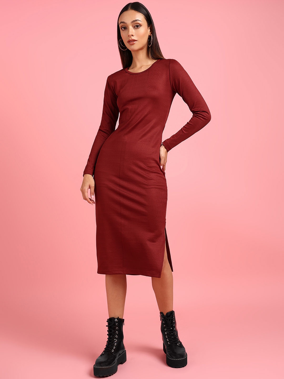 

DressBerry Women Round Neck Sheath Dress, Maroon