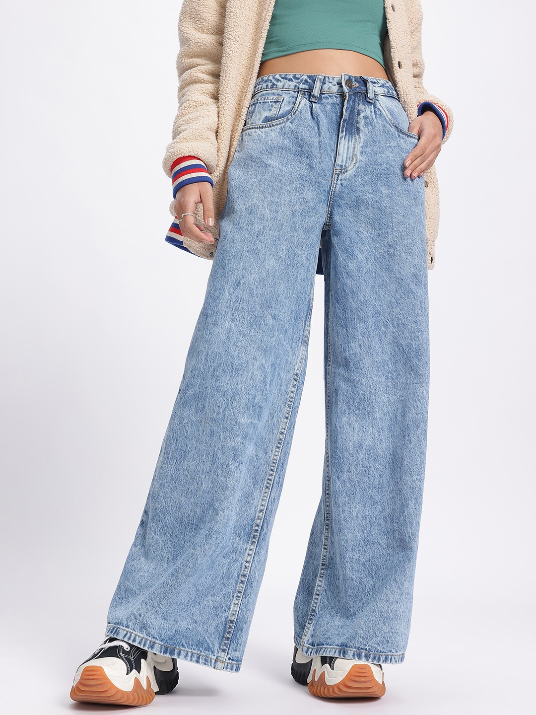 

glitchez Women Glamor Glide Palazzo Fit Jeans, Blue