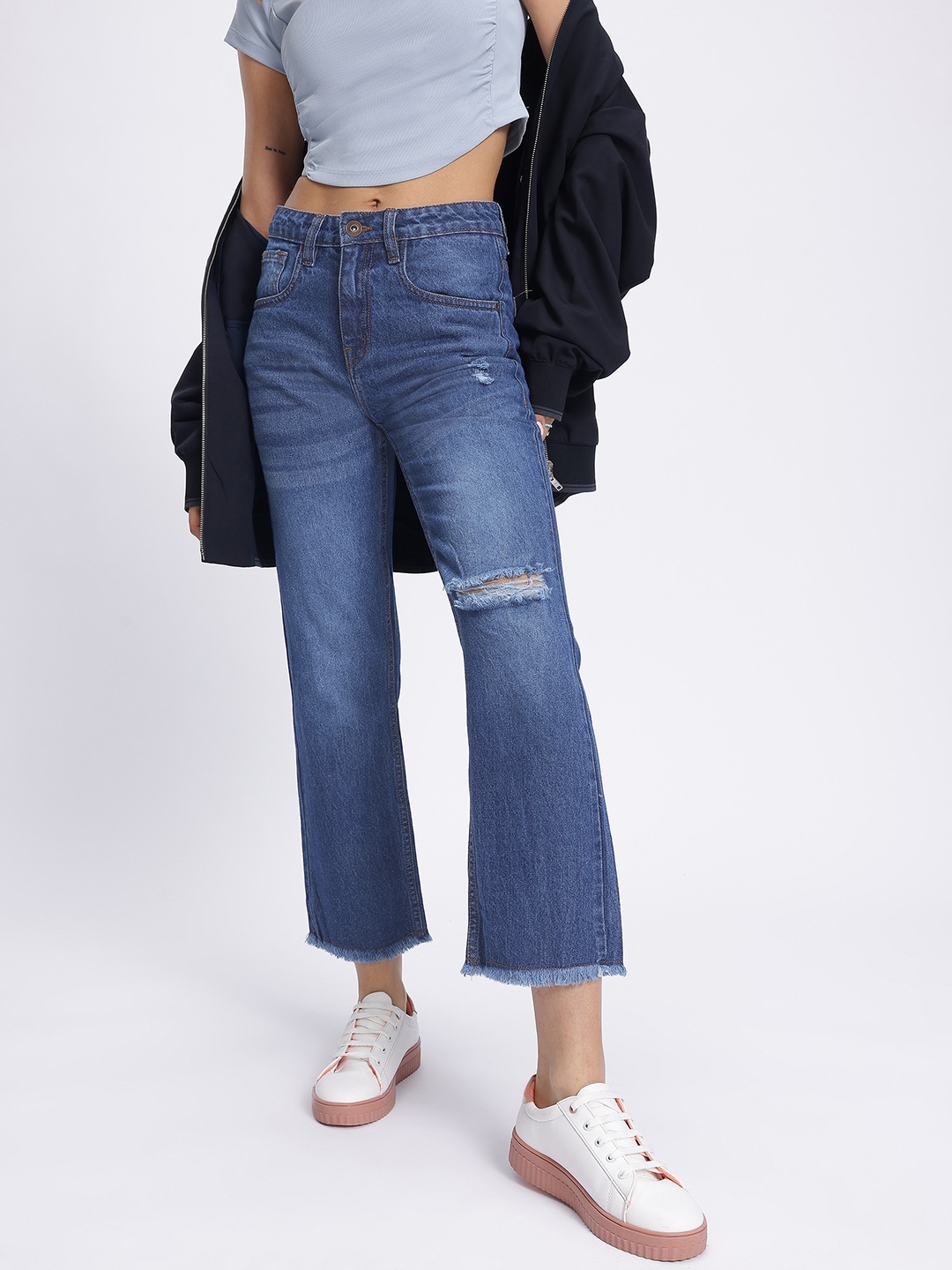 

glitchez Women Street Edge Ripped Frayed Hem Straight Fit Cropped Jeans, Navy blue