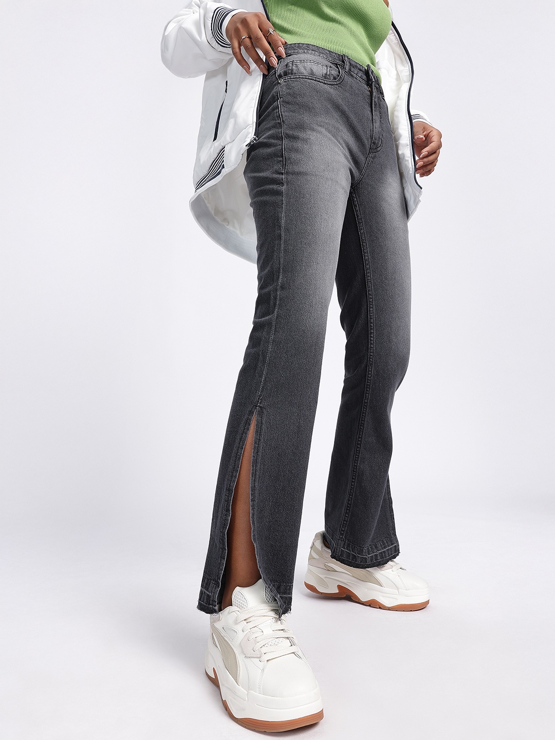 

glitchez Women Light Fade Side Slit Jeans, Grey