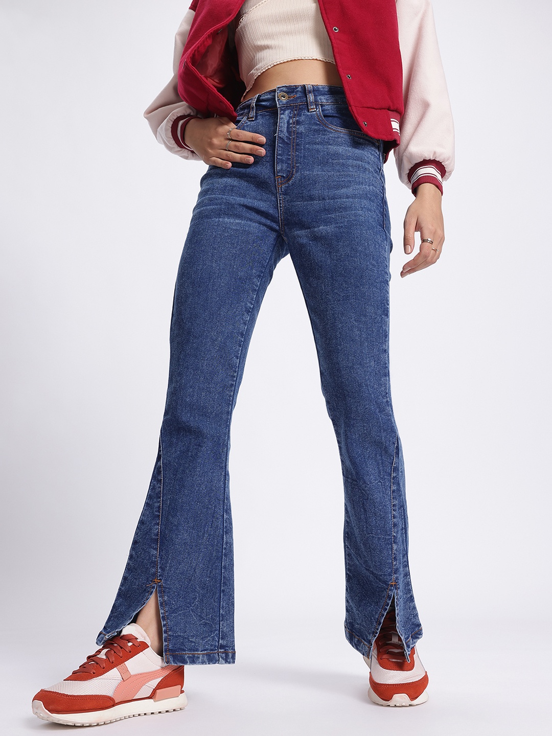 

glitchez Women 70s Flared Fit Slit Hem Jeans, Navy blue