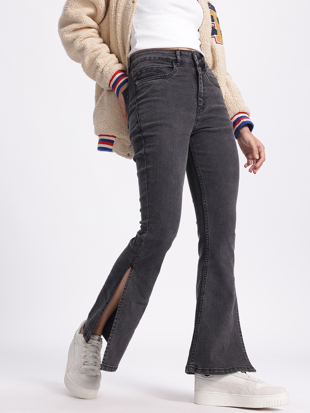 

glitchez Women Slit Slay Skinny Flared Jeans, Grey