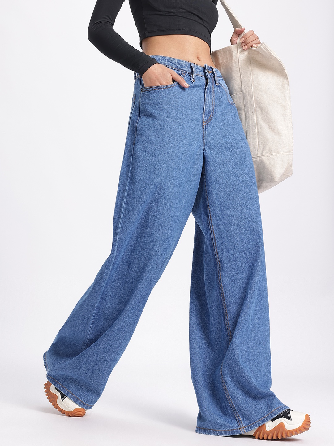 

glitchez Women Palazzo Fit Jeans, Blue