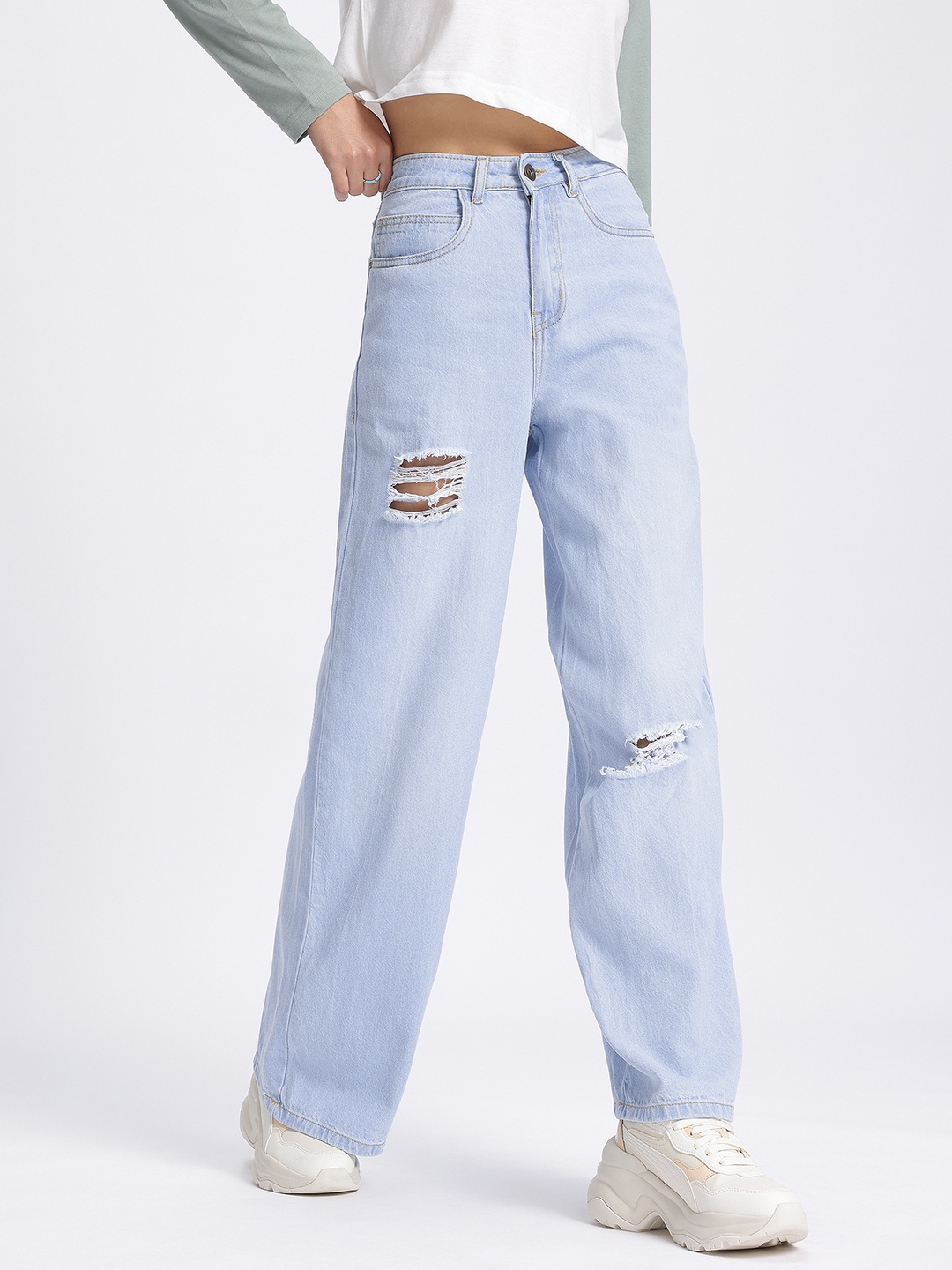 

glitchez Women Chill Denim Light Fade Mildly Distressed Cotton Baggy Wide Leg Fit Jeans, Blue