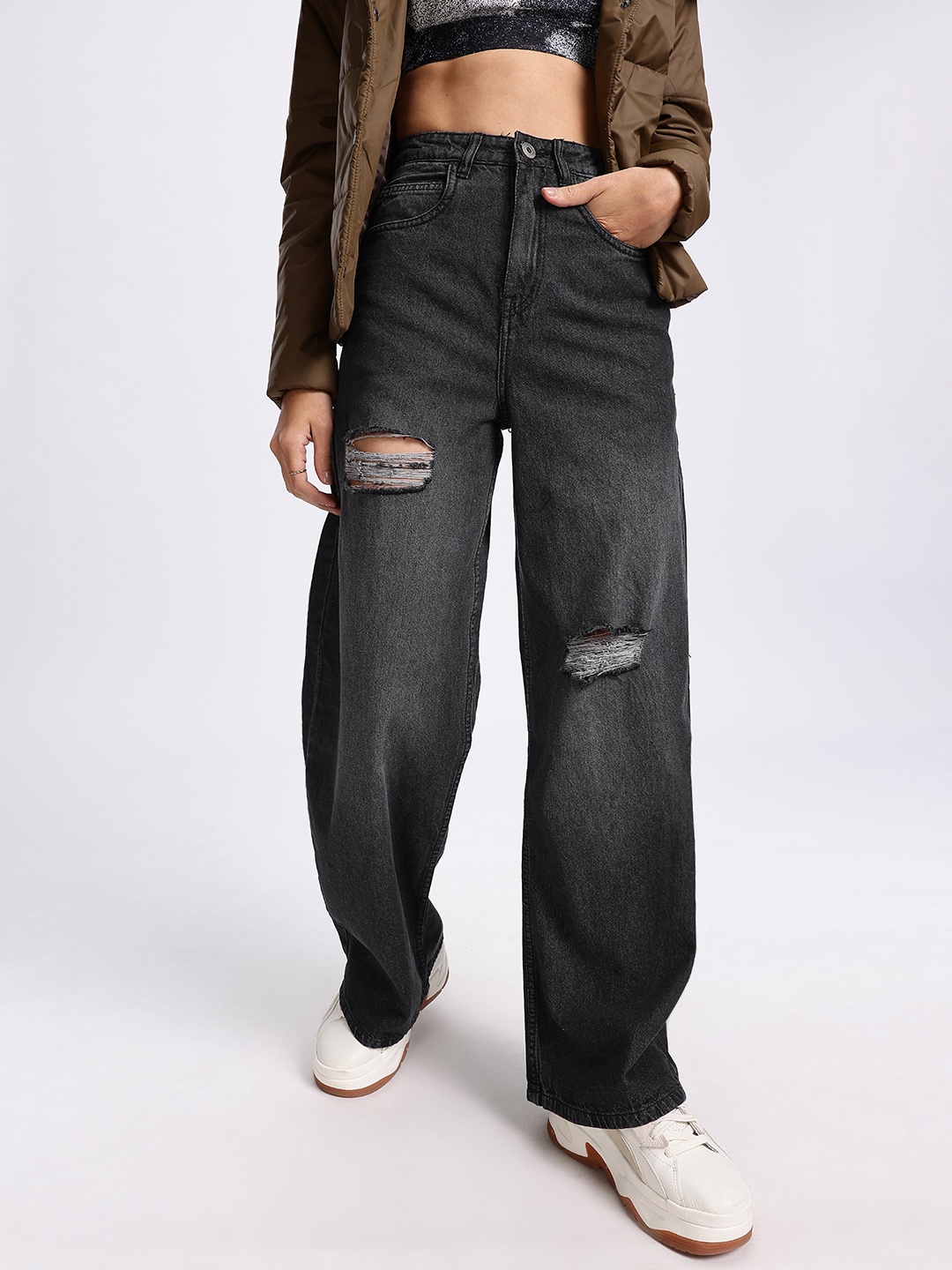

glitchez Women Skyline Swing Baggy Wide Leg Jeans, Black