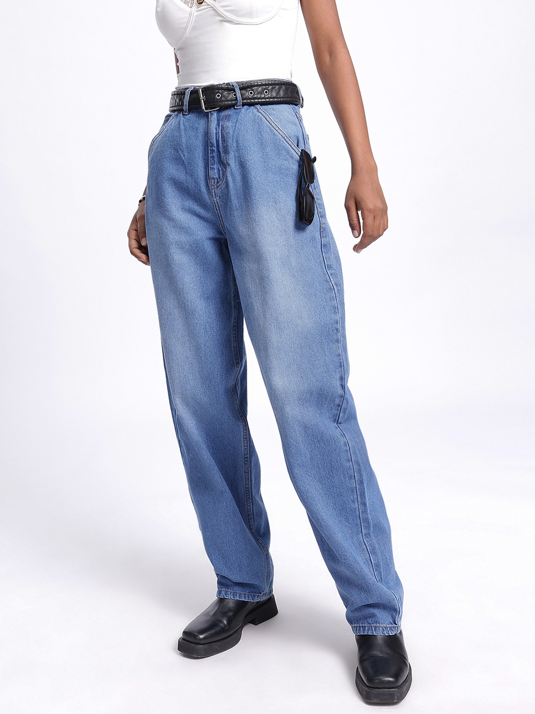 

glitchez Women Funky Flared High-Rise Pure Cotton Light Fade Baggy Fit Jeans, Blue