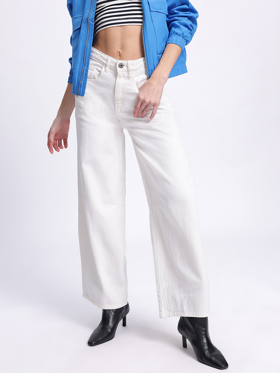 

glitchez Women Casual Chic Pure Cotton Light Shade Barrel Fit Jeans, White
