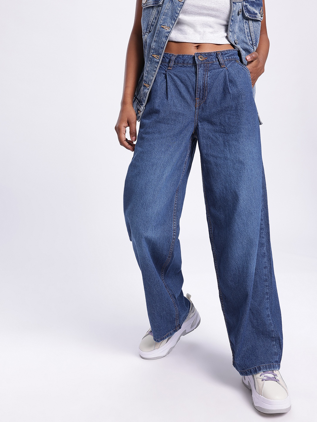 

glitchez Women Denim Drift Faded Baggy Jeans, Navy blue