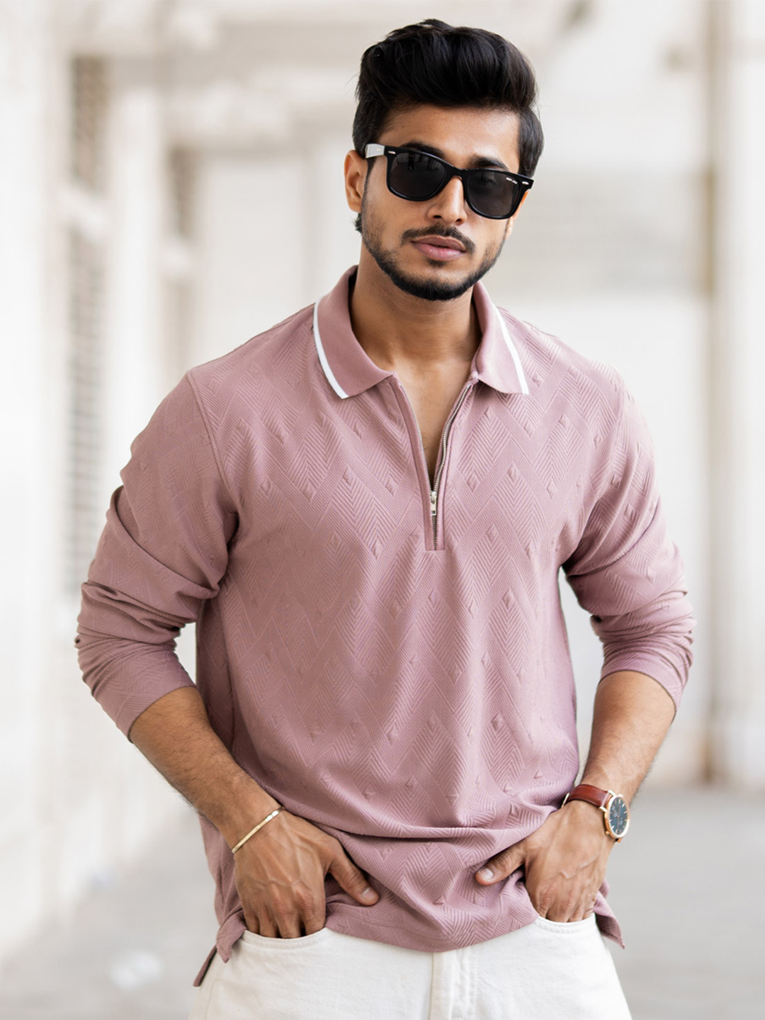 

Powerlook Men Self Design Polo Collar Cotton T-shirt, Beige