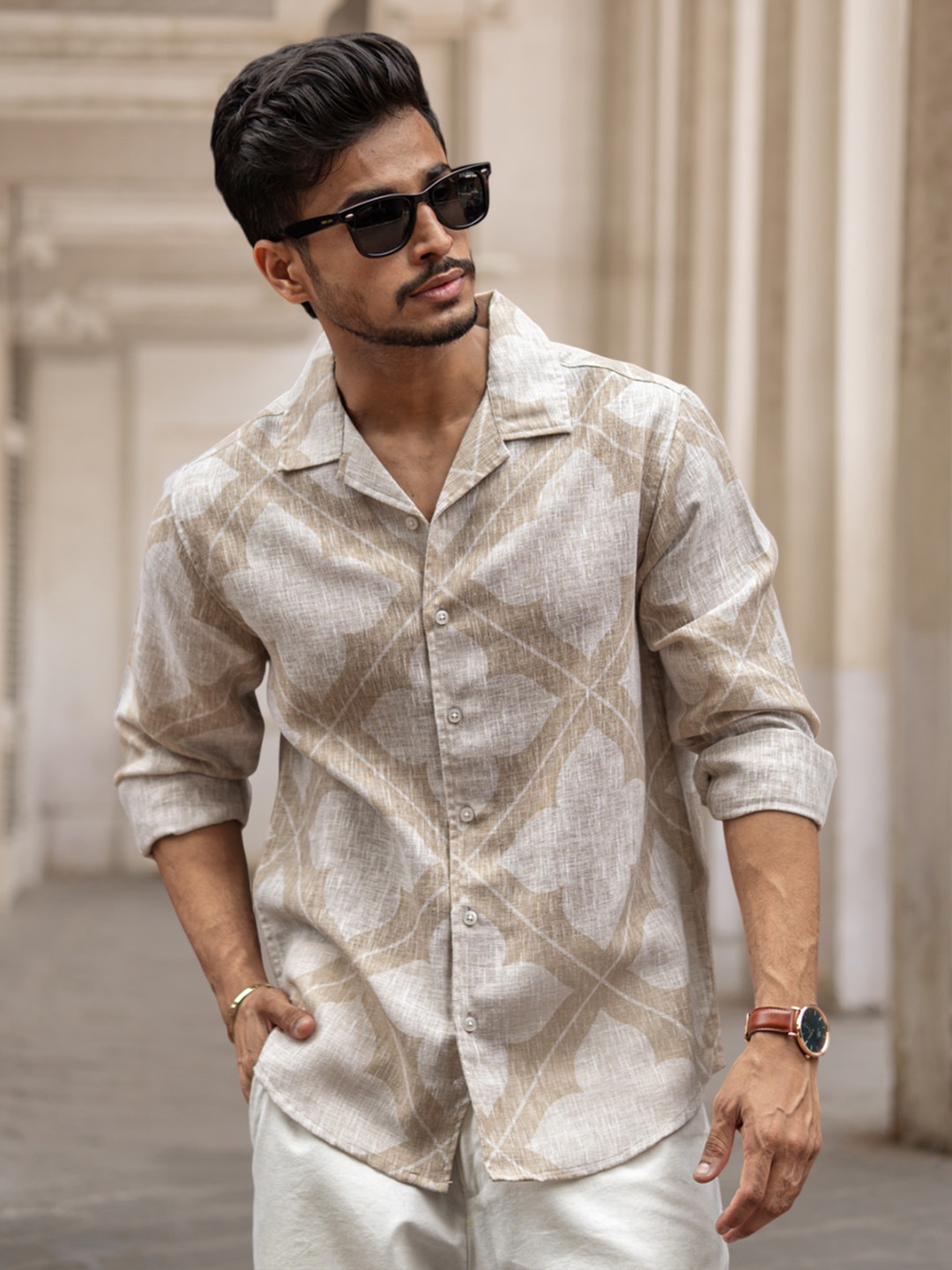 

Powerlook Men Cuban Collar Floral Printed Casual Shirt, Off white