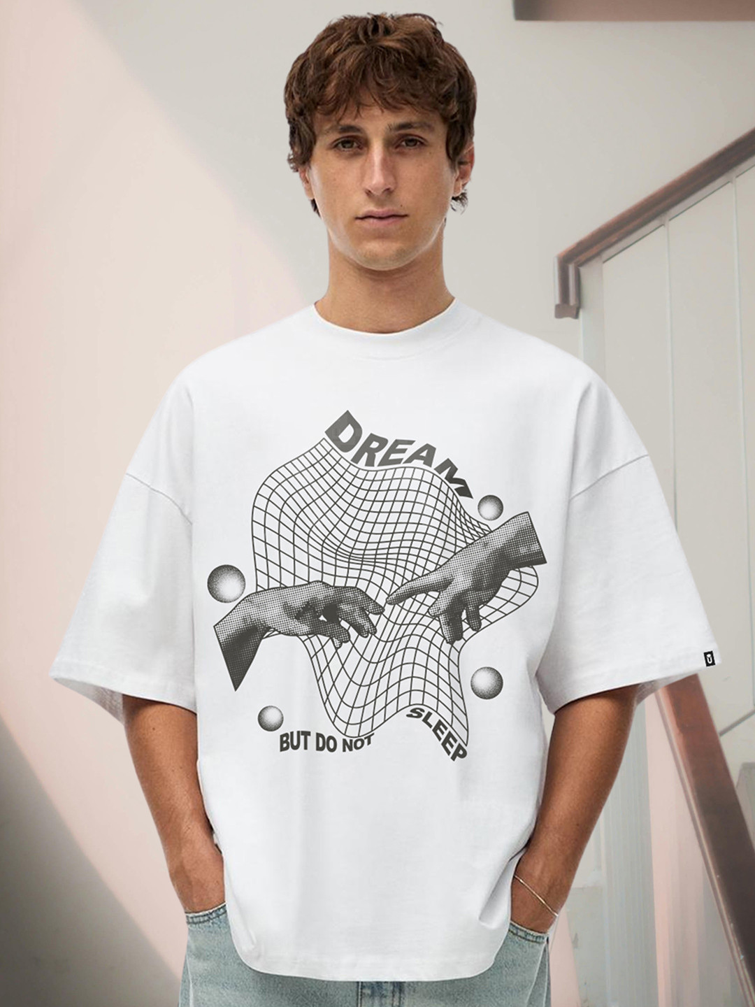

PRONK Men Graphic Printed Round Neck Cotton Oversized T-shirt, White