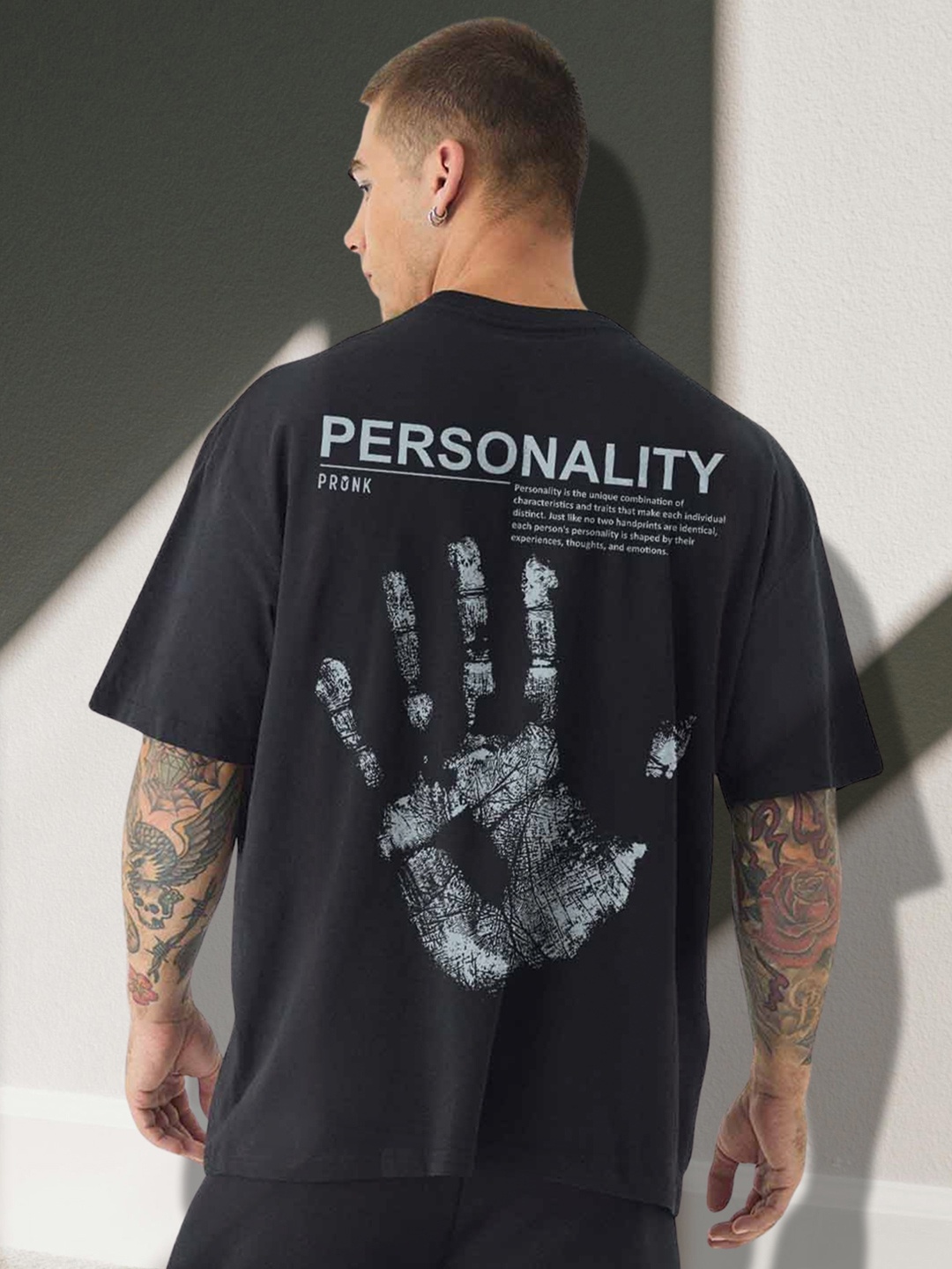 

PRONK Men Graphic Printed Round Neck Cotton Oversized T-shirt, Black