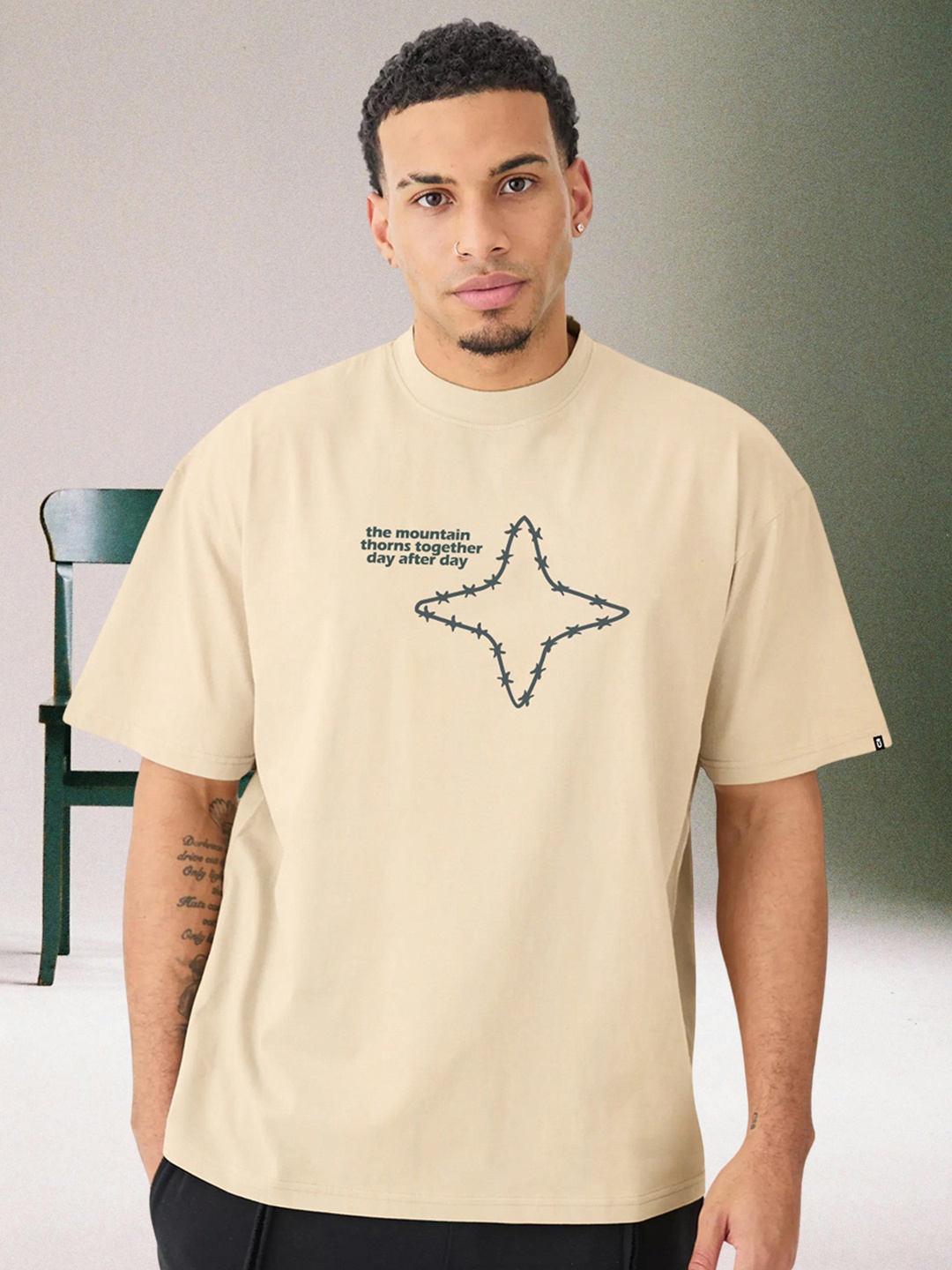 

PRONK Men Graphic Printed Round Neck Cotton Oversized T-shirt, Beige
