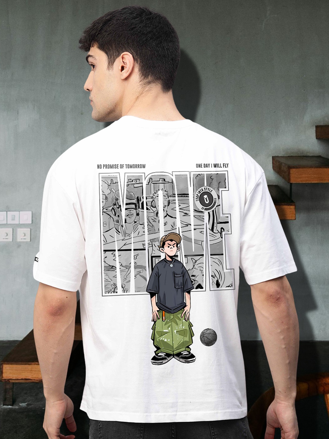 

PRONK Men Graphic Printed Round Neck Cotton Oversized T-shirt, White