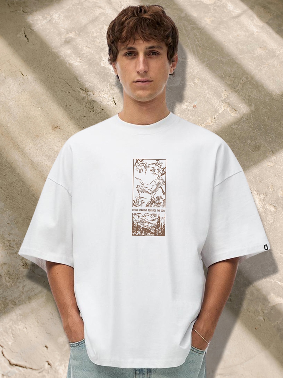 

PRONK Men Graphic Printed Round Neck Cotton Oversized T-shirt, White