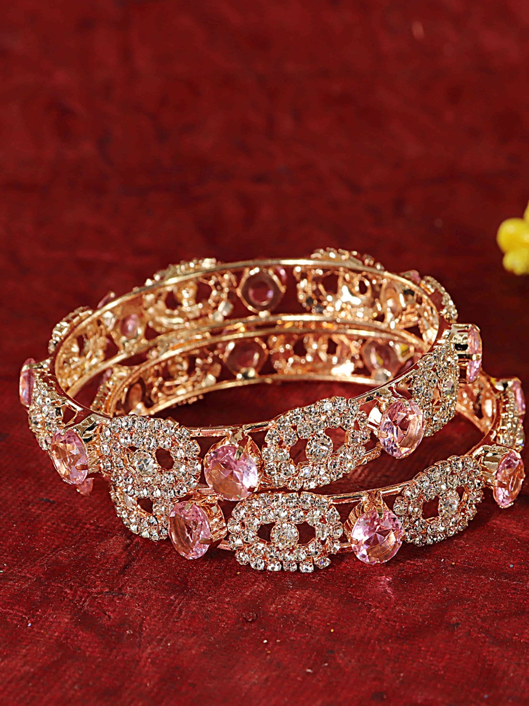 LAVAZZA Set Of 2 Gold-Plated CZ & Amercian Diamond-Studded Kada Bangles, Pink