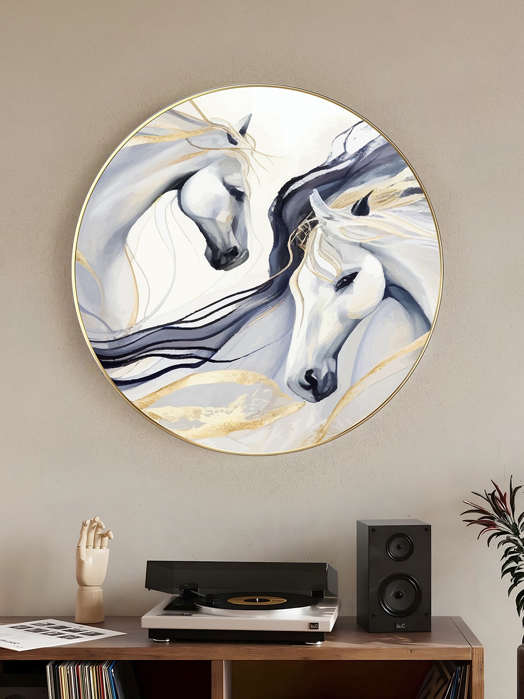 

Art Street White & Grey Paper Wave Of Two Horse Printed Round Wall Art