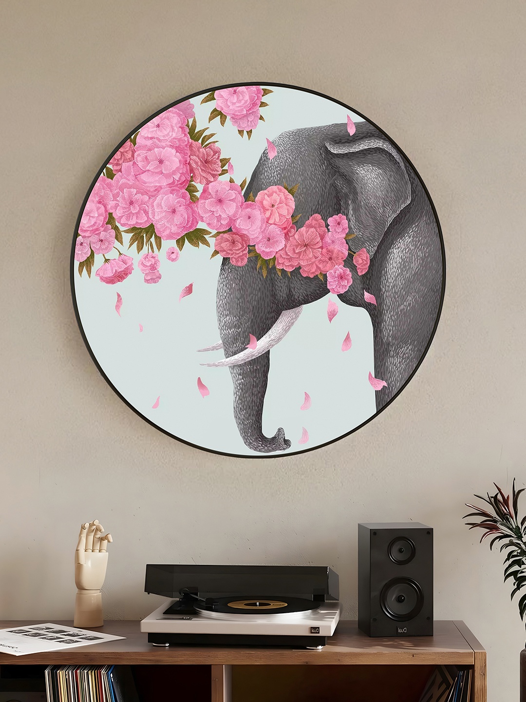 

Art Street Pink & Grey Paper Elephant Floral Printed Round Wall Art