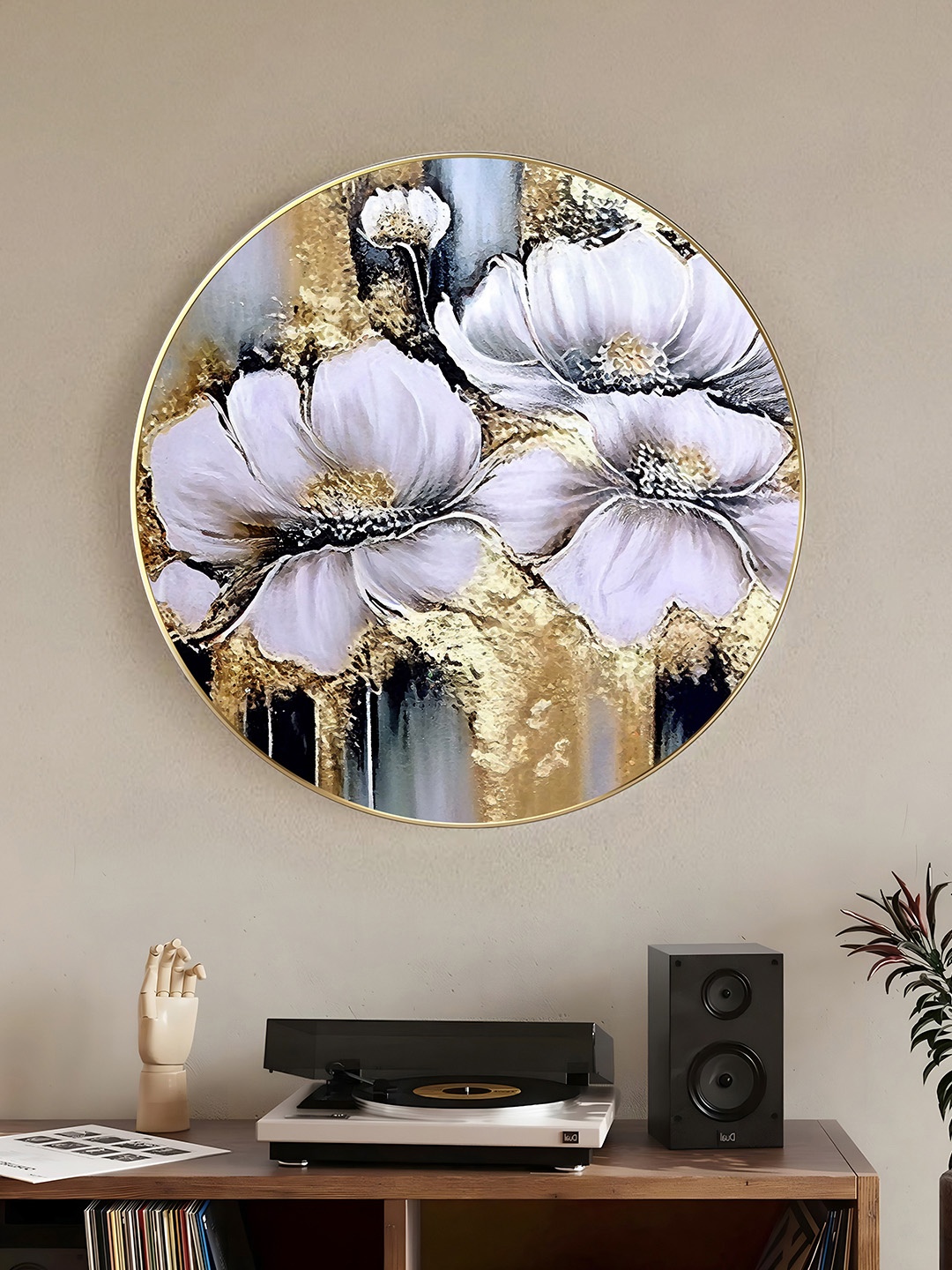 

Art Street White & Gold-Toned Paper Floral and Botanical Printed Round Wall Art