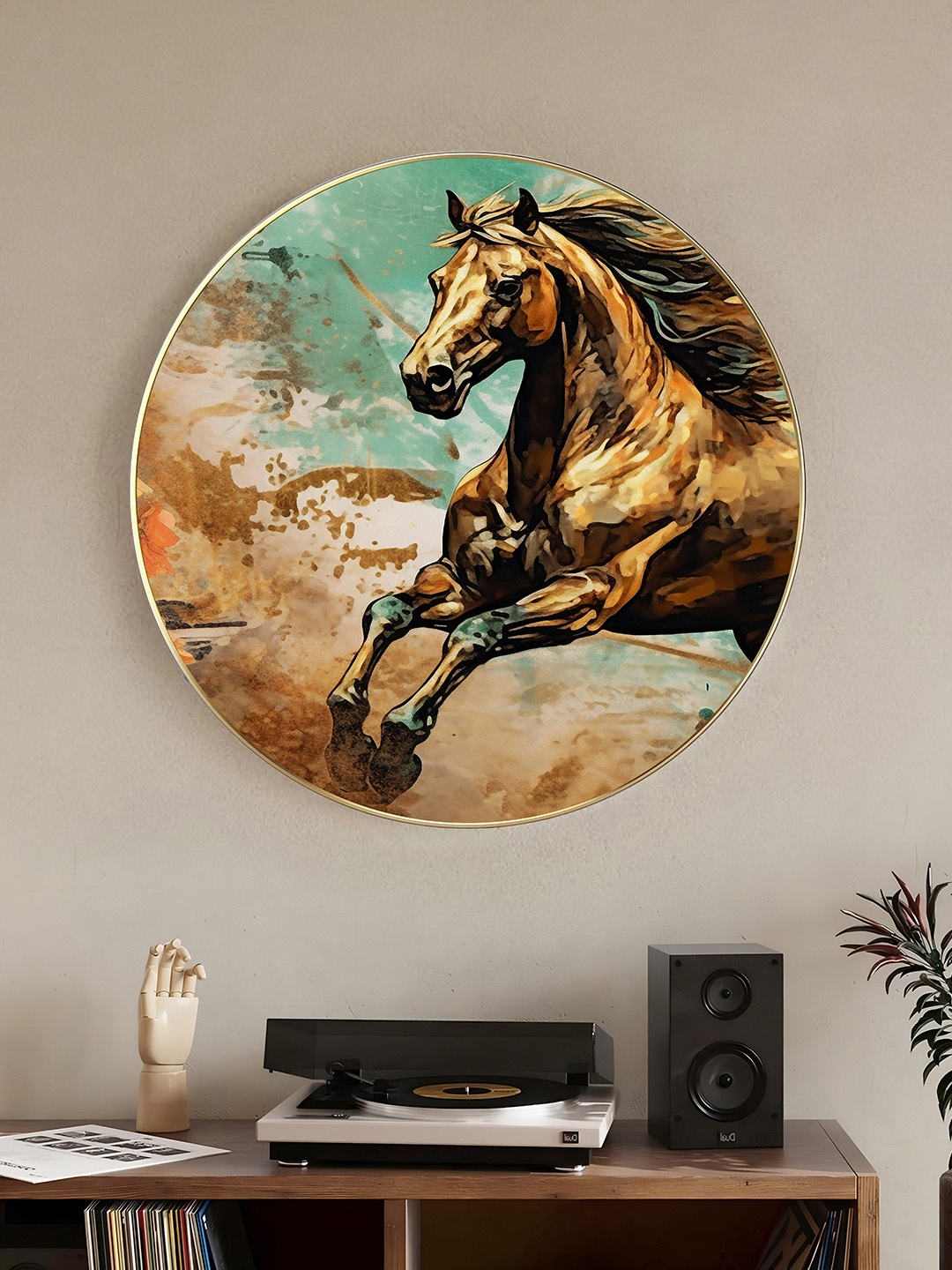 

Art Street Brown & Green Paper Wild Running Horse Birds and Animals Printed Round Wall Art