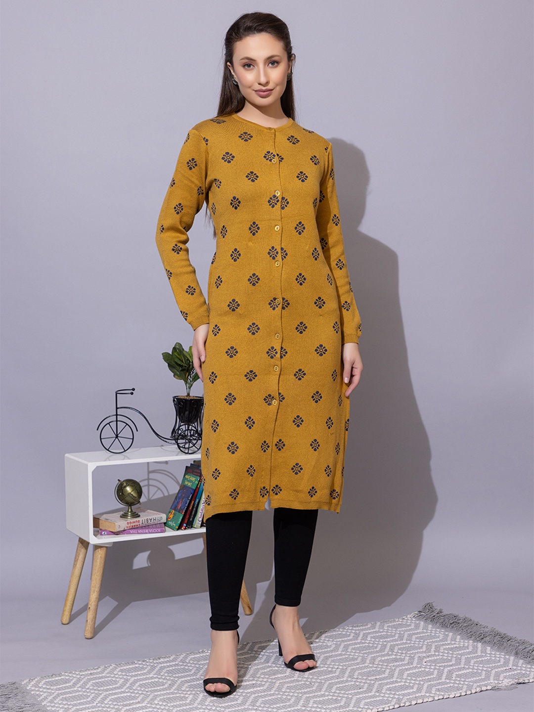 

Anouk Mustard Yellow Floral Printed Long Sleeves Straight Kurta