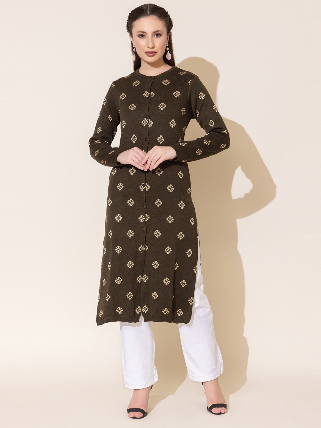 

Anouk Olive Green Ethnic Motifs Printed Straight Kurta