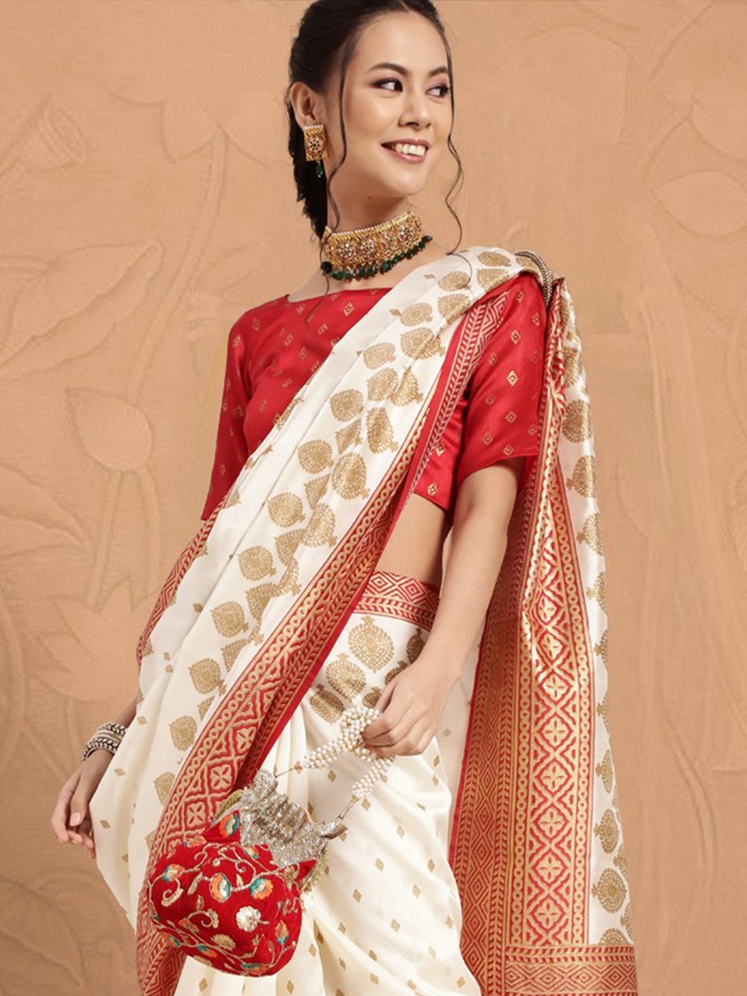 

House of Pataudi Ethnic Motifs Zari Patola Silk Saree, Off white