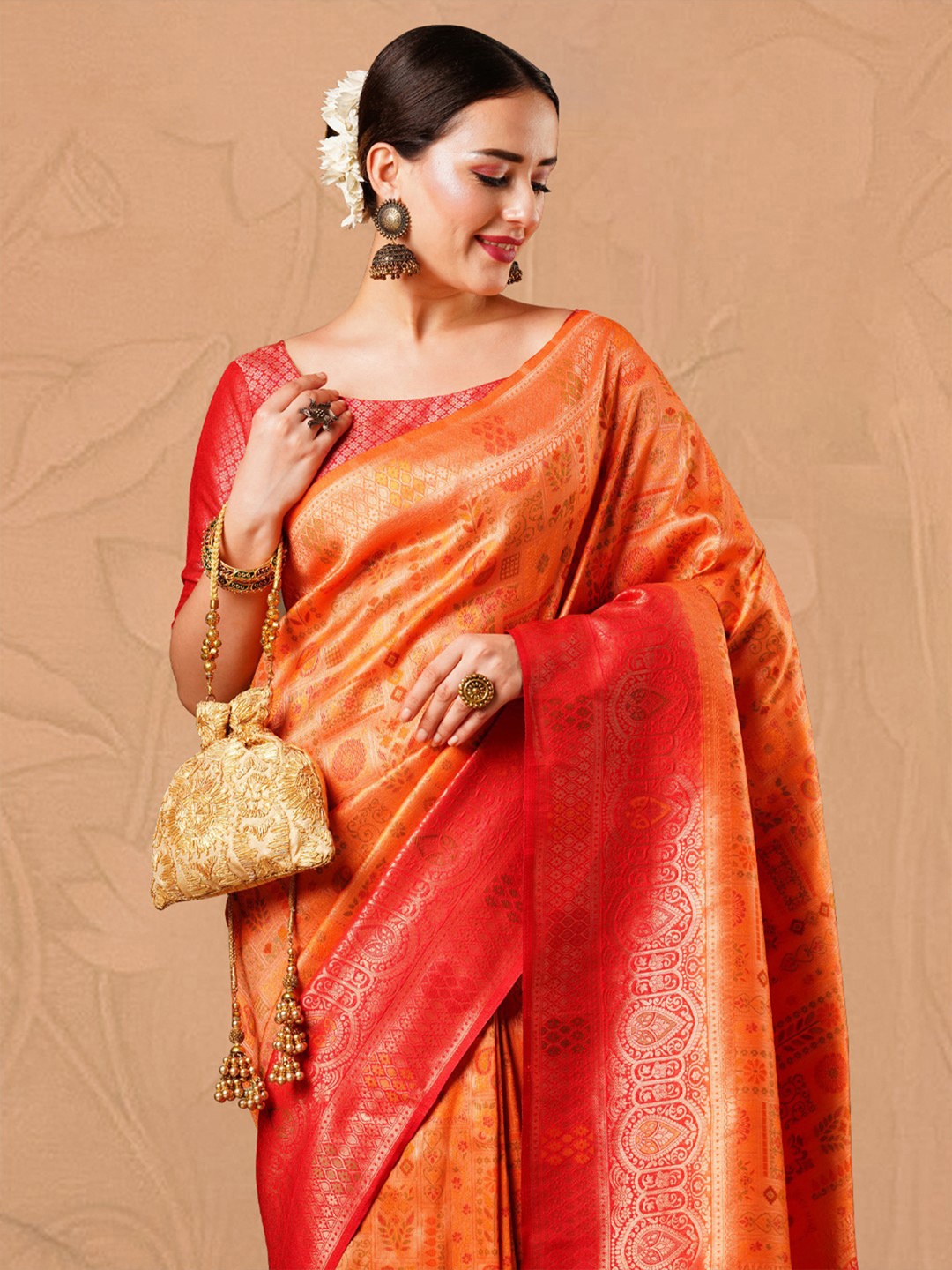 

House of Pataudi Ethnic Motifs Woven Design Kanjeevaram Silk Designer Saree, Orange