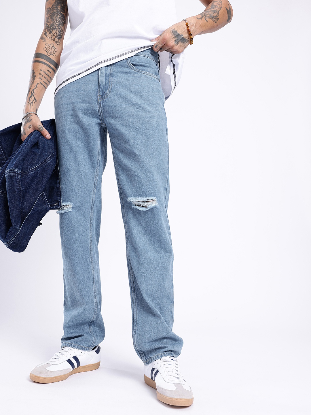 

glitchez Men Street Savvy Distressed Light Faded Jeans, Blue
