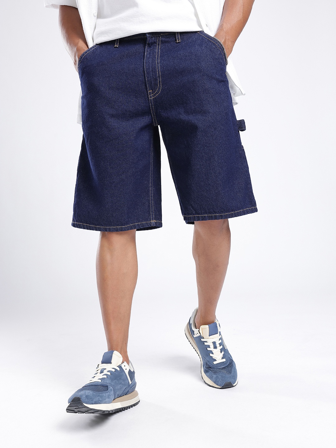 

glitchez Men Street Vibe Knee Length Oversized Denim Shorts, Blue