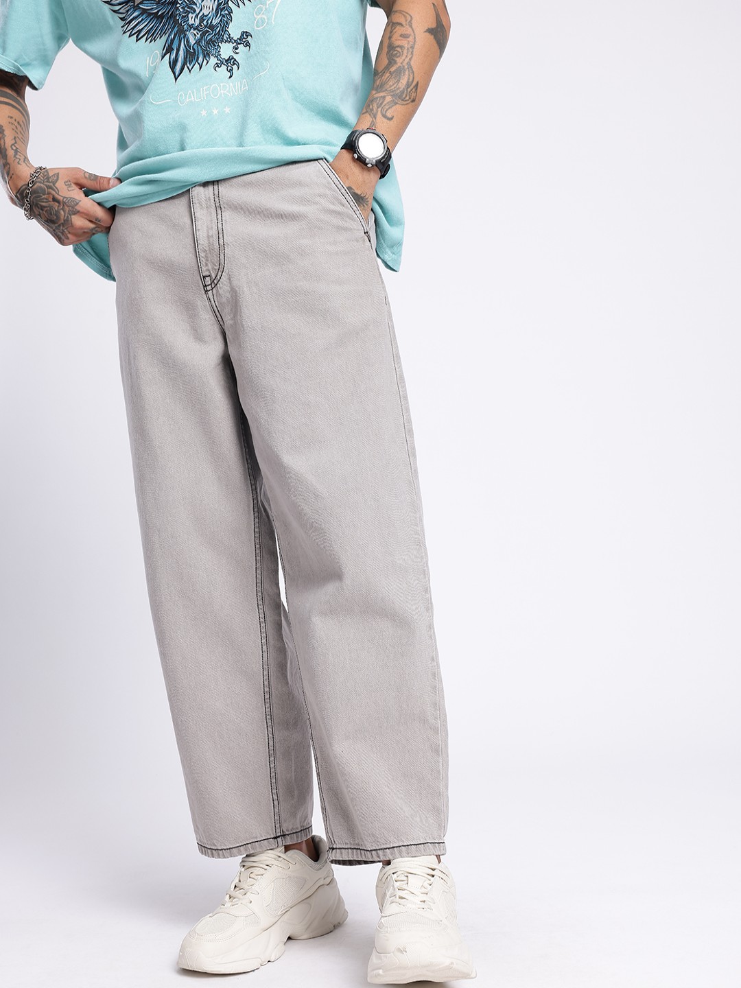 

glitchez Men Neutral Fresh Korean Baggy Jeans, Grey