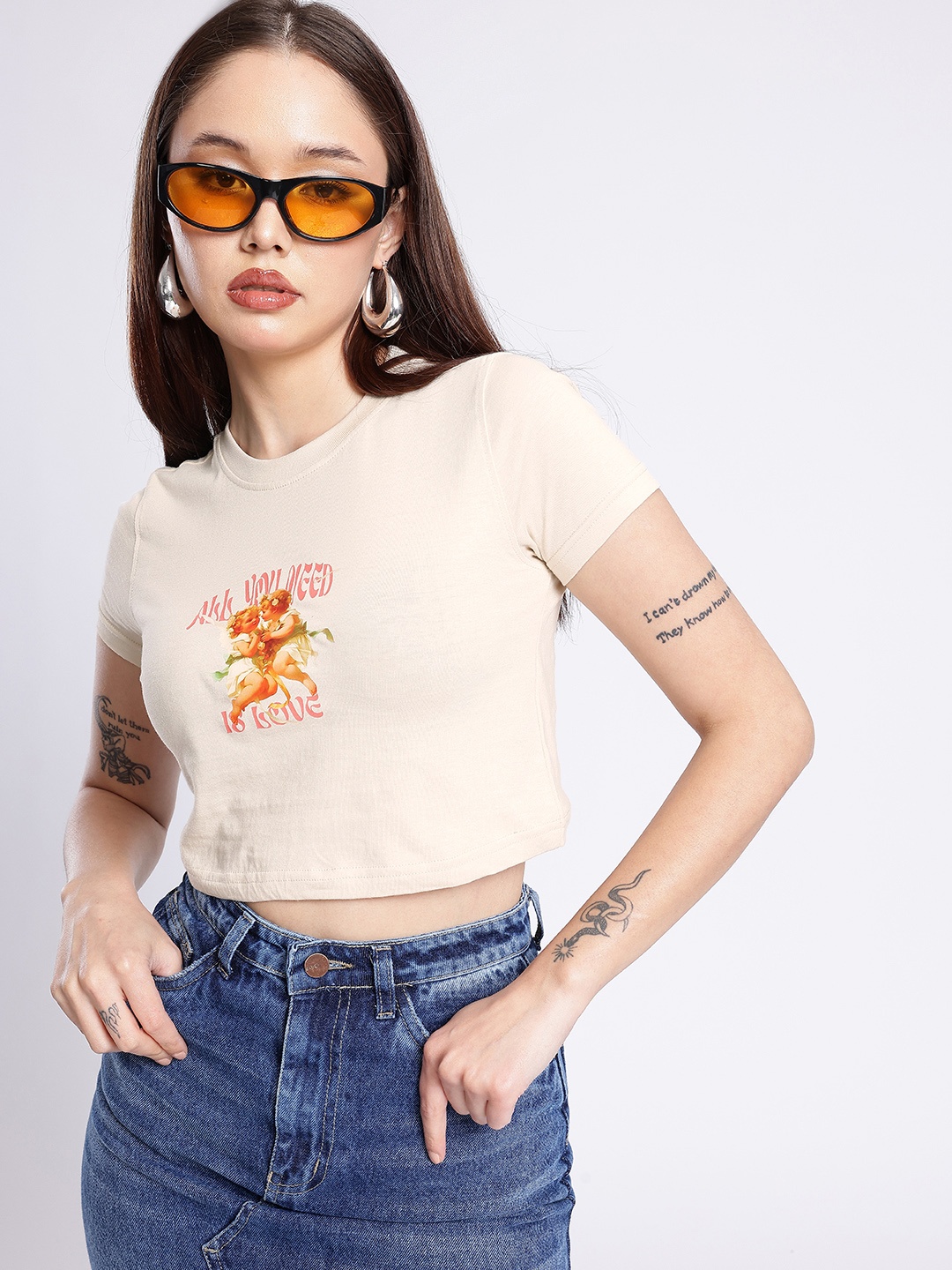 

glitchez Lovey-Dovey Graphic Printed Crop T-shirt, Beige