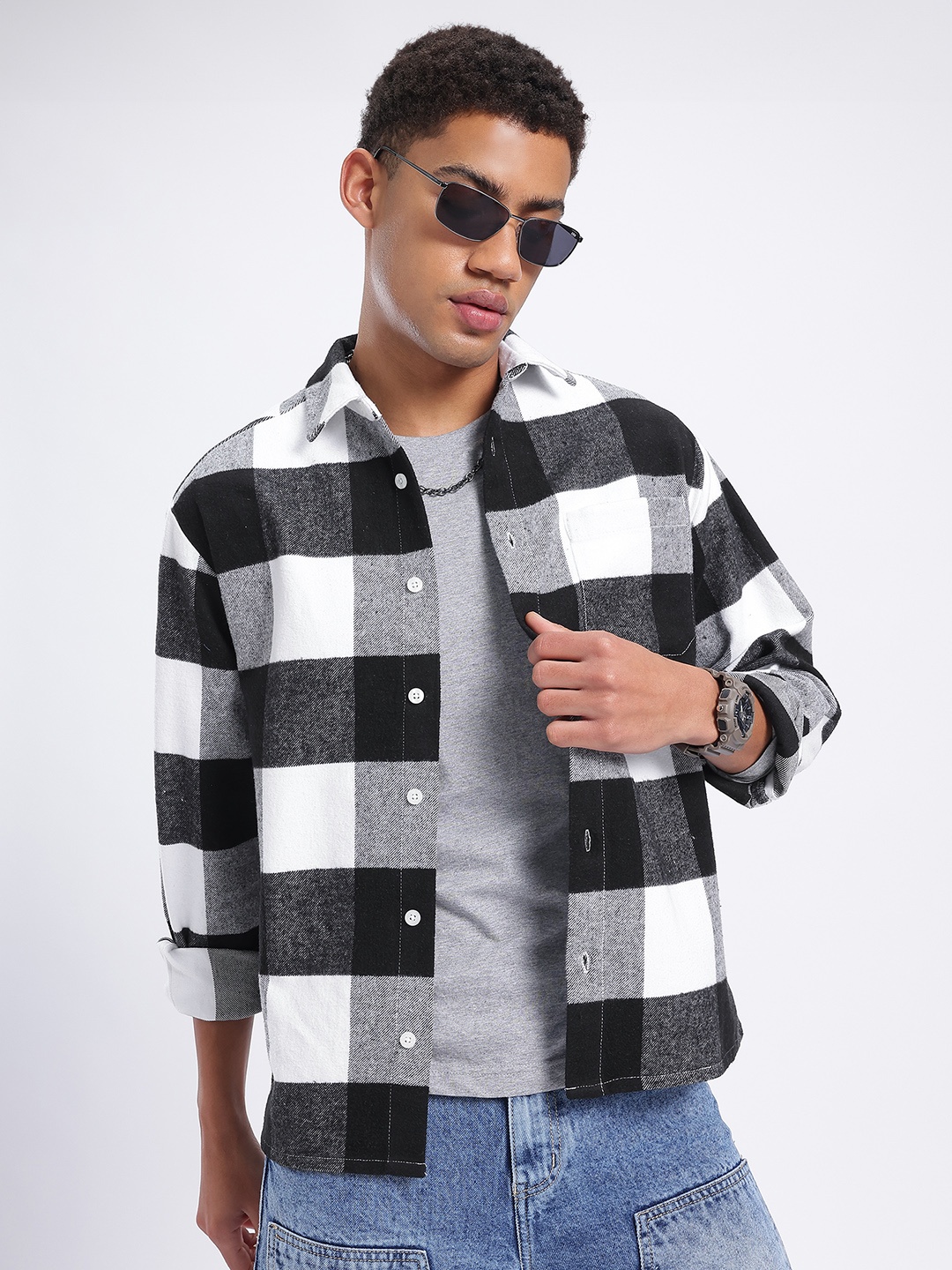 

glitchez Monochrome Layers Buffalo Checks Flannel Shacket, Black