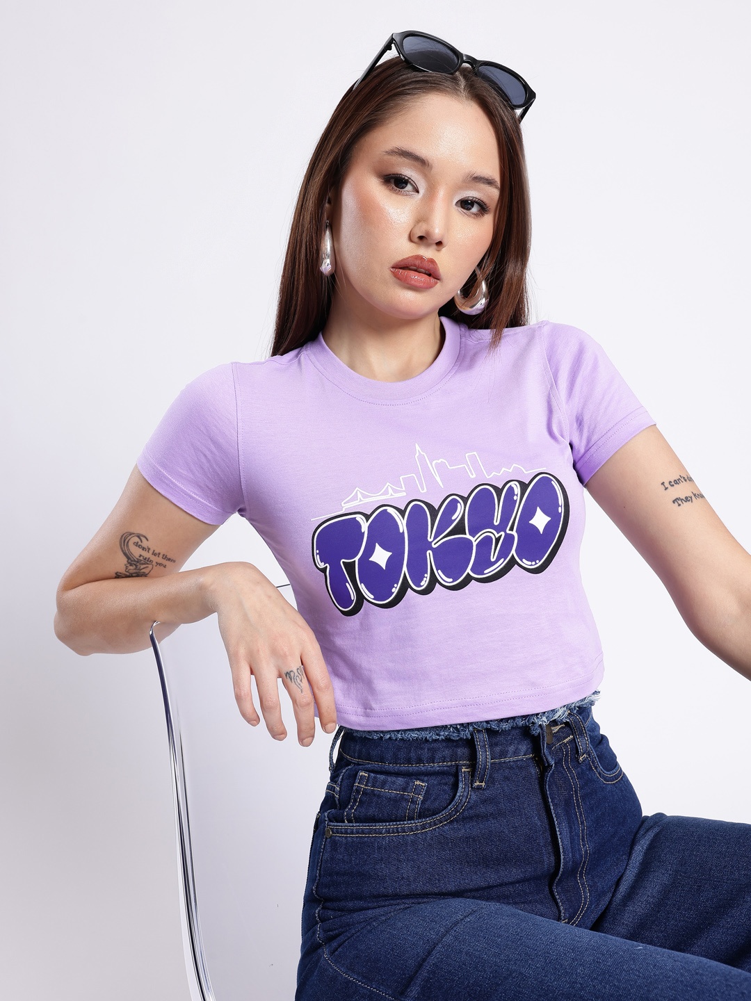 

glitchez Pixel Pop Typography Printed Crop T-shirt, Purple