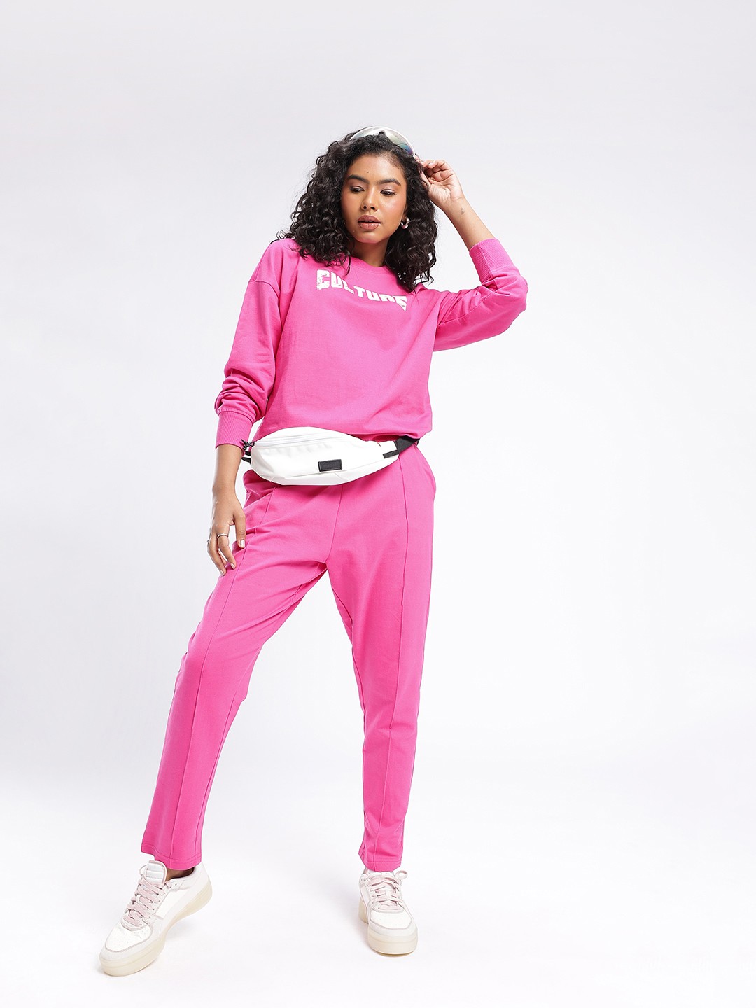 

glitchez Street Cool Graphic Printed Cotton Terry Boxy Sweatshirt With Trousers Co-Ords, Pink