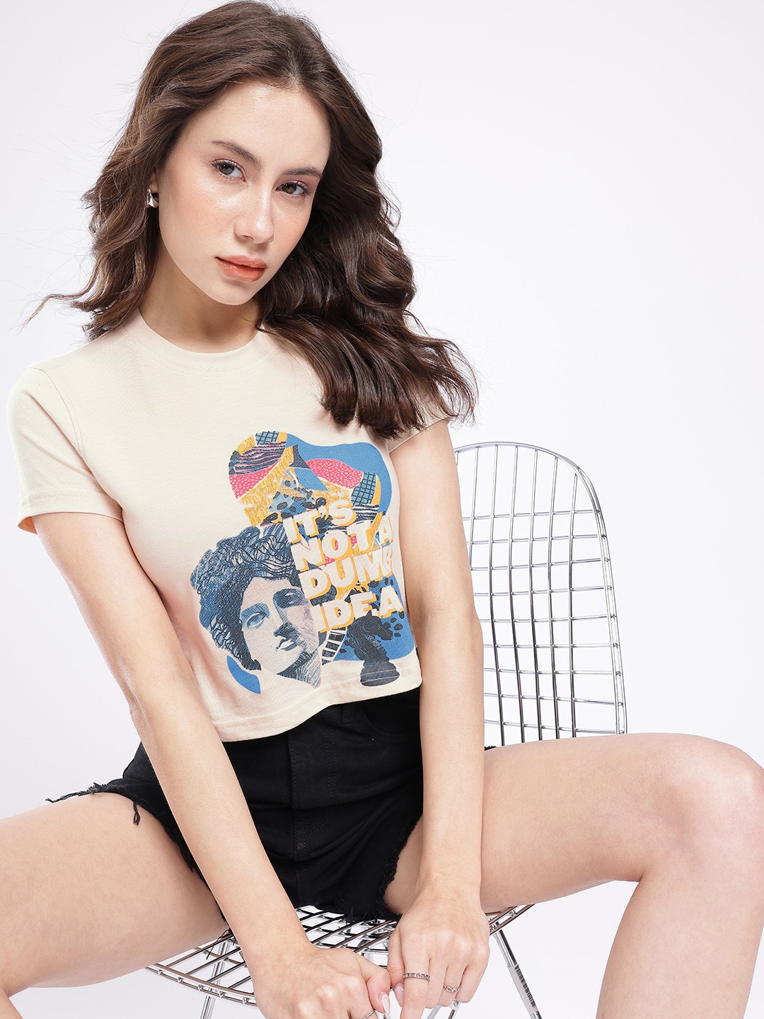 

glitchez Innovative Thinking Printed Crop T-shirt, Off white