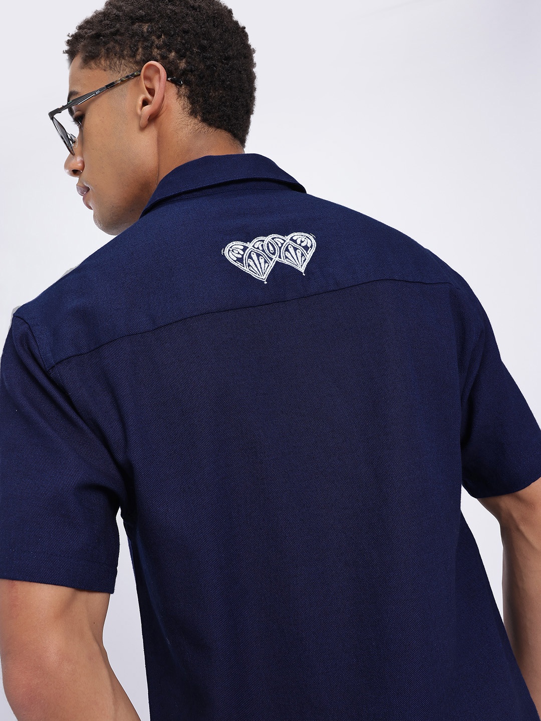 

glitchez Timeless Twill Embroidered Detail Casual Shirt, Navy blue