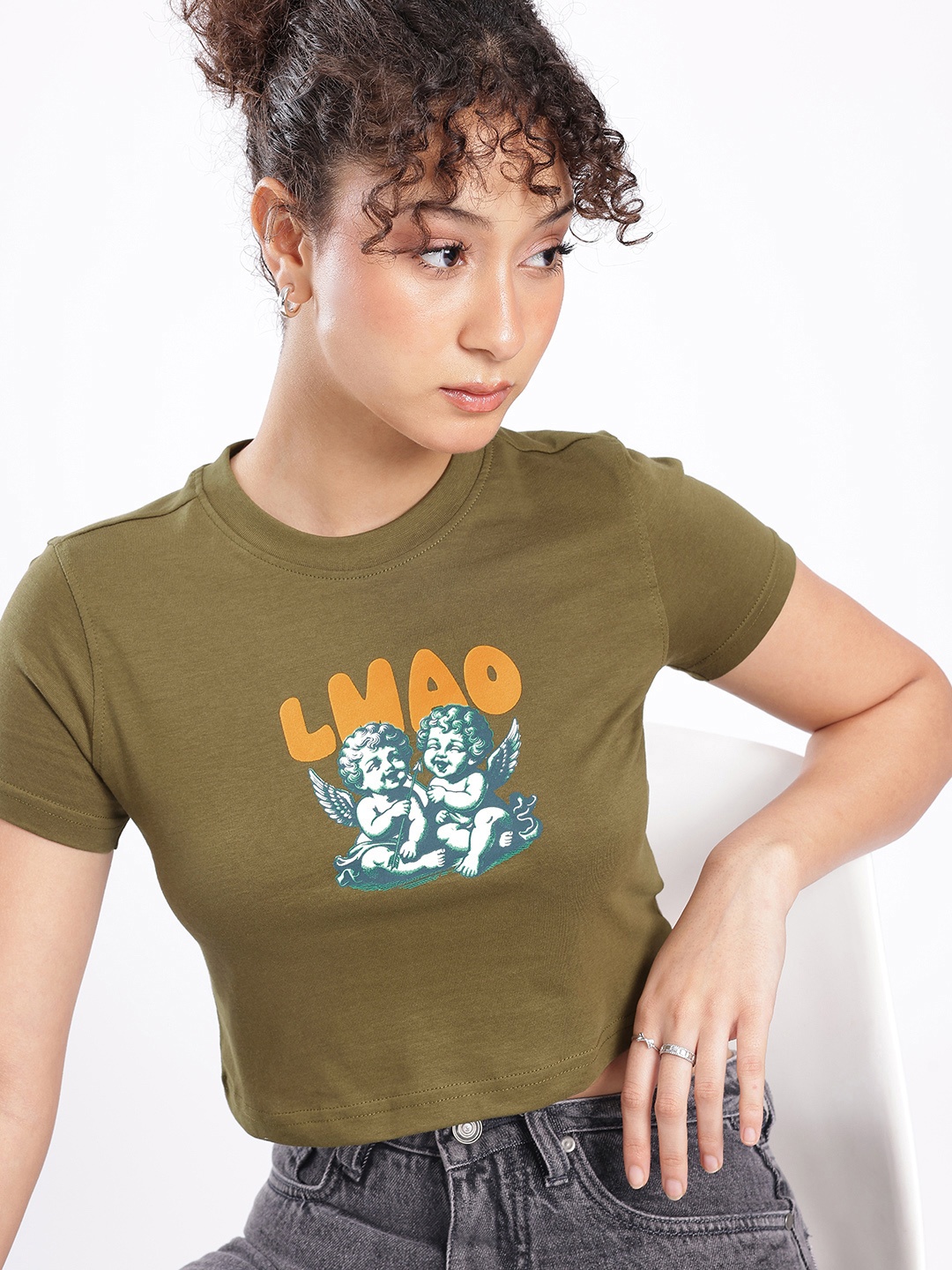 

glitchez Cool Touch Graphic Printed Crop T-shirt, Olive