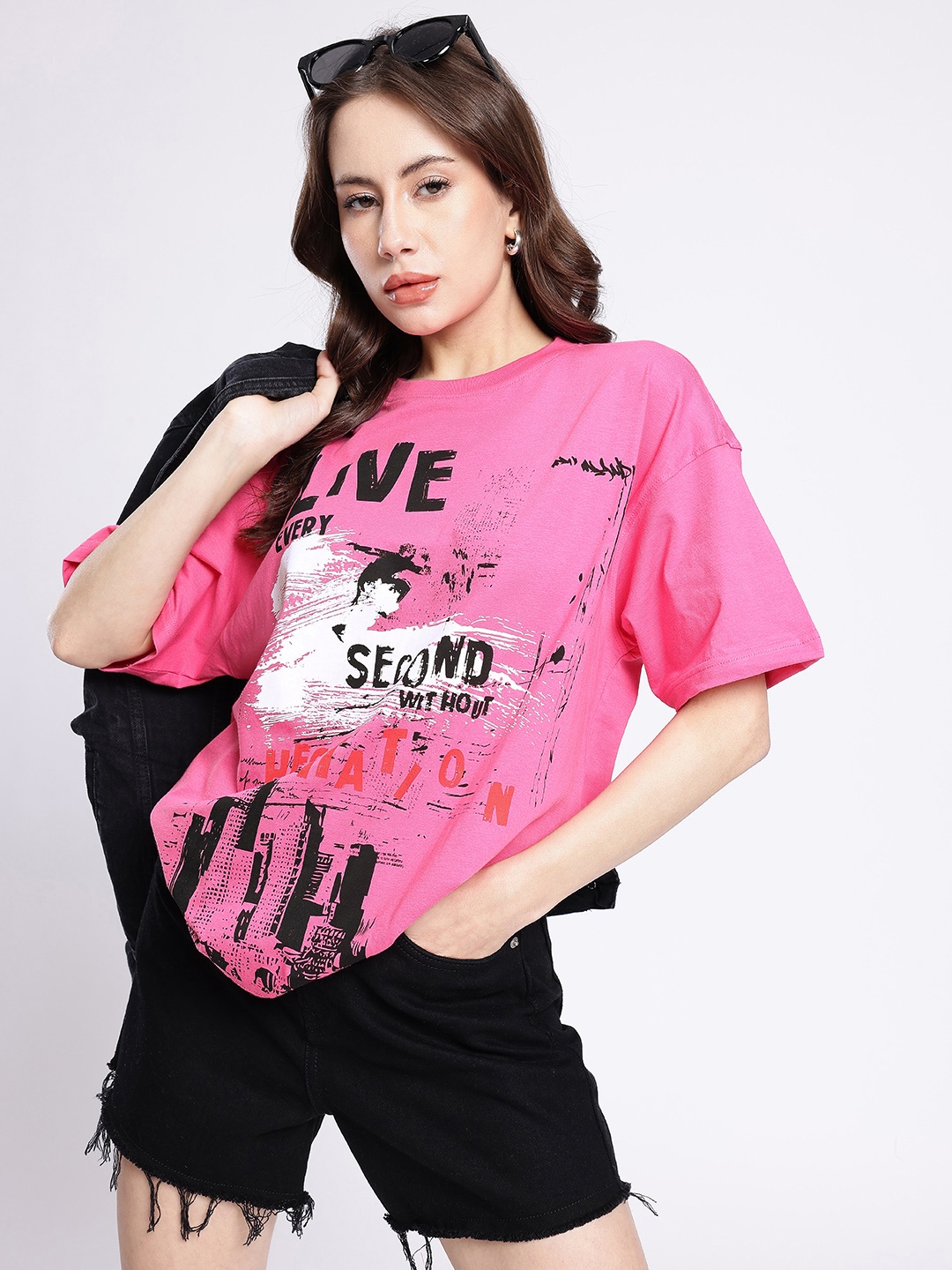 

glitchez Urban Savvy Printed Oversized T-shirt, Pink