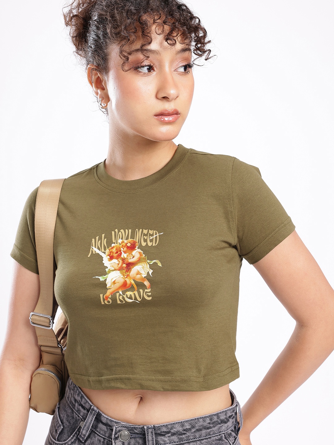 

glitchez Classic Vibe Graphic Printed Crop T-shirt, Olive