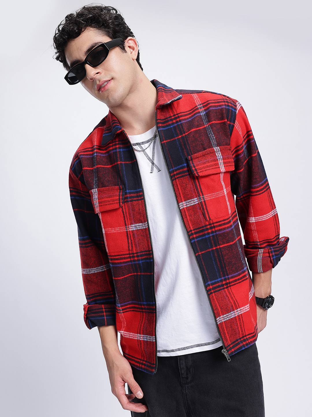 

glitchez Slouchy Chic Tartan Checked Drop-Shoulder Sleeves Pure Cotton Oversized Shacket, Red