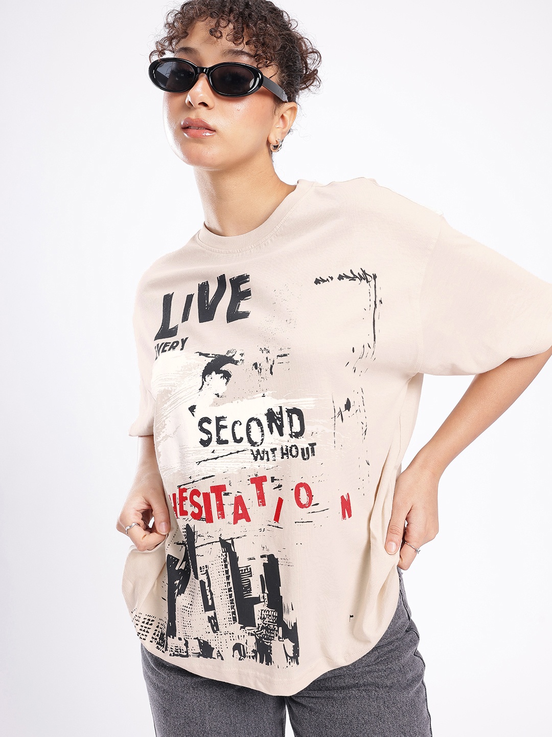 

glitchez Cool Touch Graphic Printed Oversized T-shirt, Beige